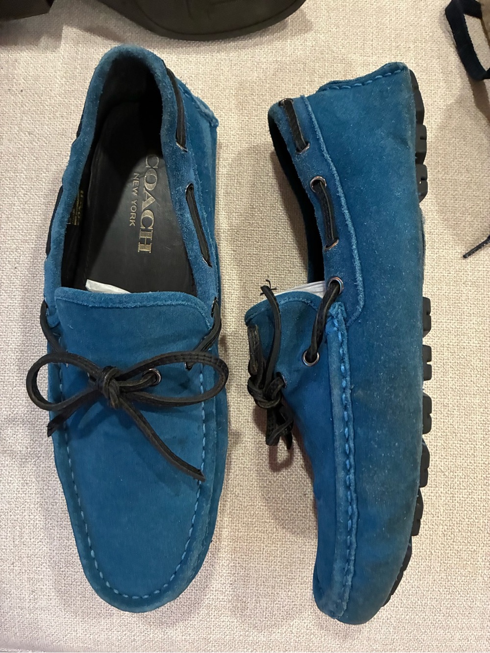 Coach Teal Blue Suede Driving Loafers with Black Laces